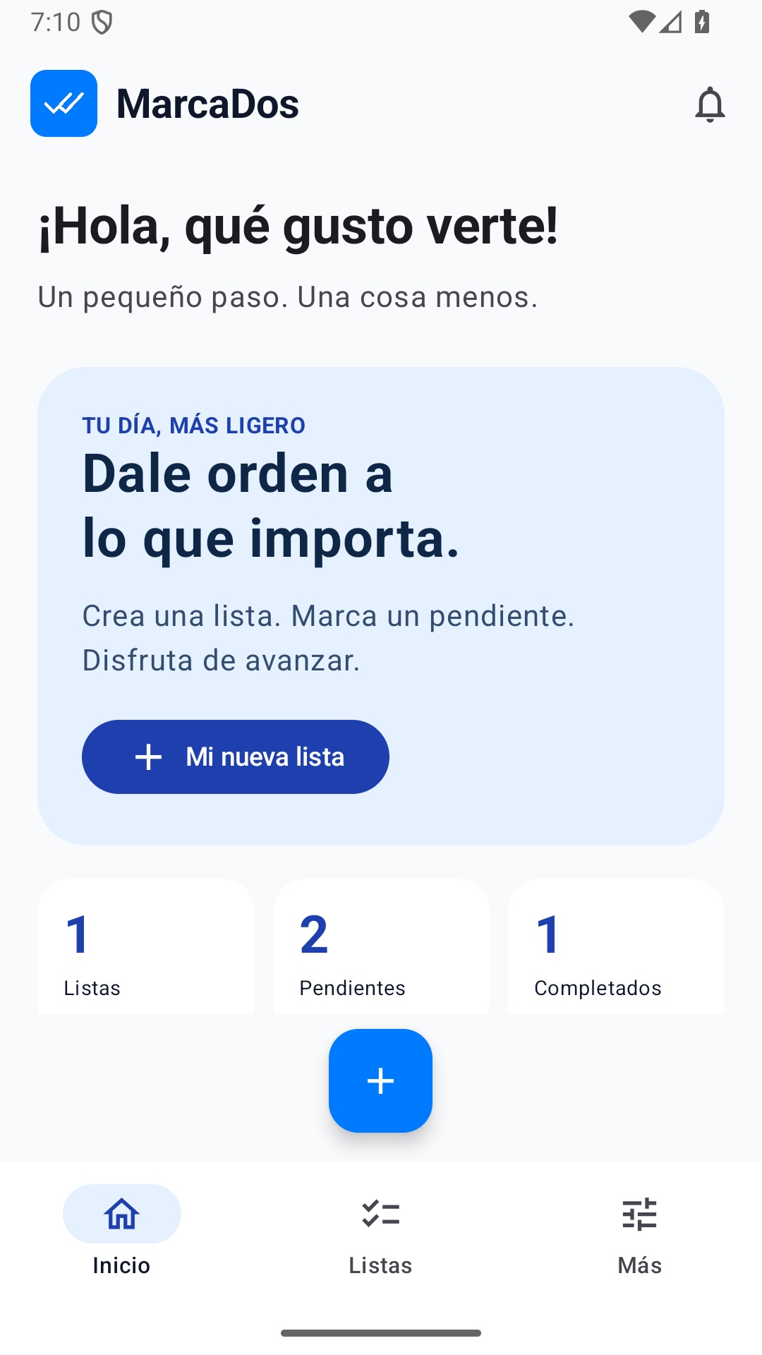 Pantalla real de inicio de MarcaDos con listas y progreso de ejemplo